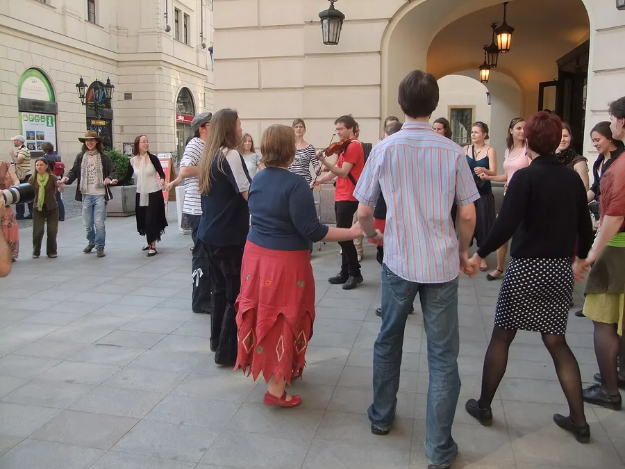 People dancing in front of the Estates Theatre in Prague on International Dance Day, 29 April 2011.
