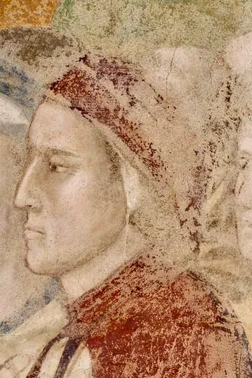 The oldest known portrait of Dante, a detail of a fourteenth-century fresco of Paradise in the chapel of the Bargello, Florence.