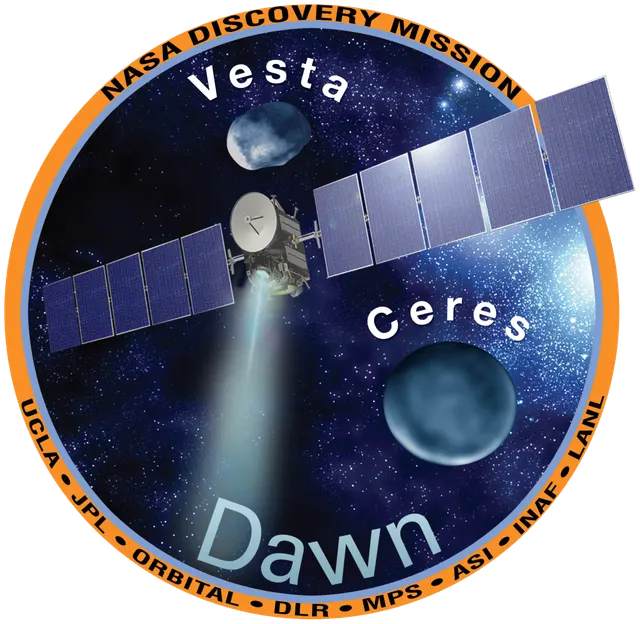 The Dawn mission emblem, showing the spacecraft between Vesta and Ceres.