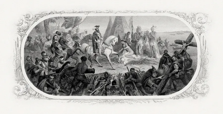 An engraving after William H. Powell's painting of de Soto reaching the Mississippi, by the US Bureau of Engraving and Printing.
