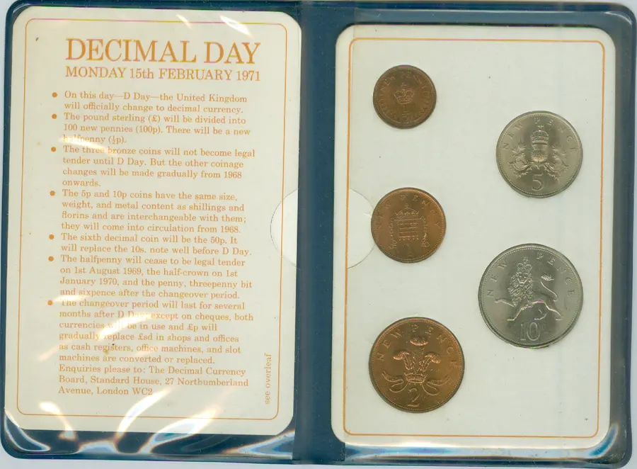 A presentation pack of the new decimal coins issued for Decimal Day, Monday 15 February 1971.
