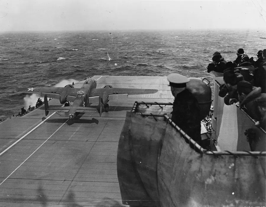 A B-25 bomber takes off from the deck of USS Hornet for the Doolittle Raid, 1942.