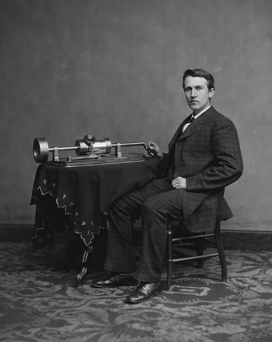 Thomas Edison with his tinfoil phonograph, photographed at Mathew Brady's studio.