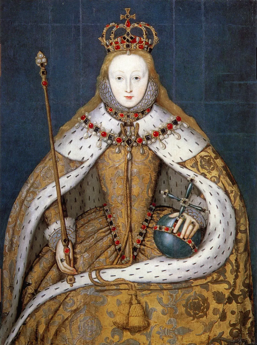 Elizabeth I in her coronation robes, patterned with Tudor roses and trimmed with ermine; painted about 1600-10 after a lost original of about 1559.