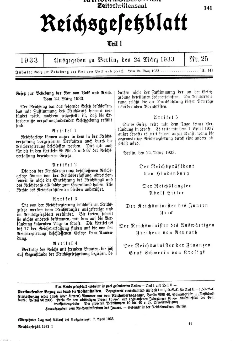 The Enabling Act as printed in the Reich Law Gazette, 24 March 1933.
