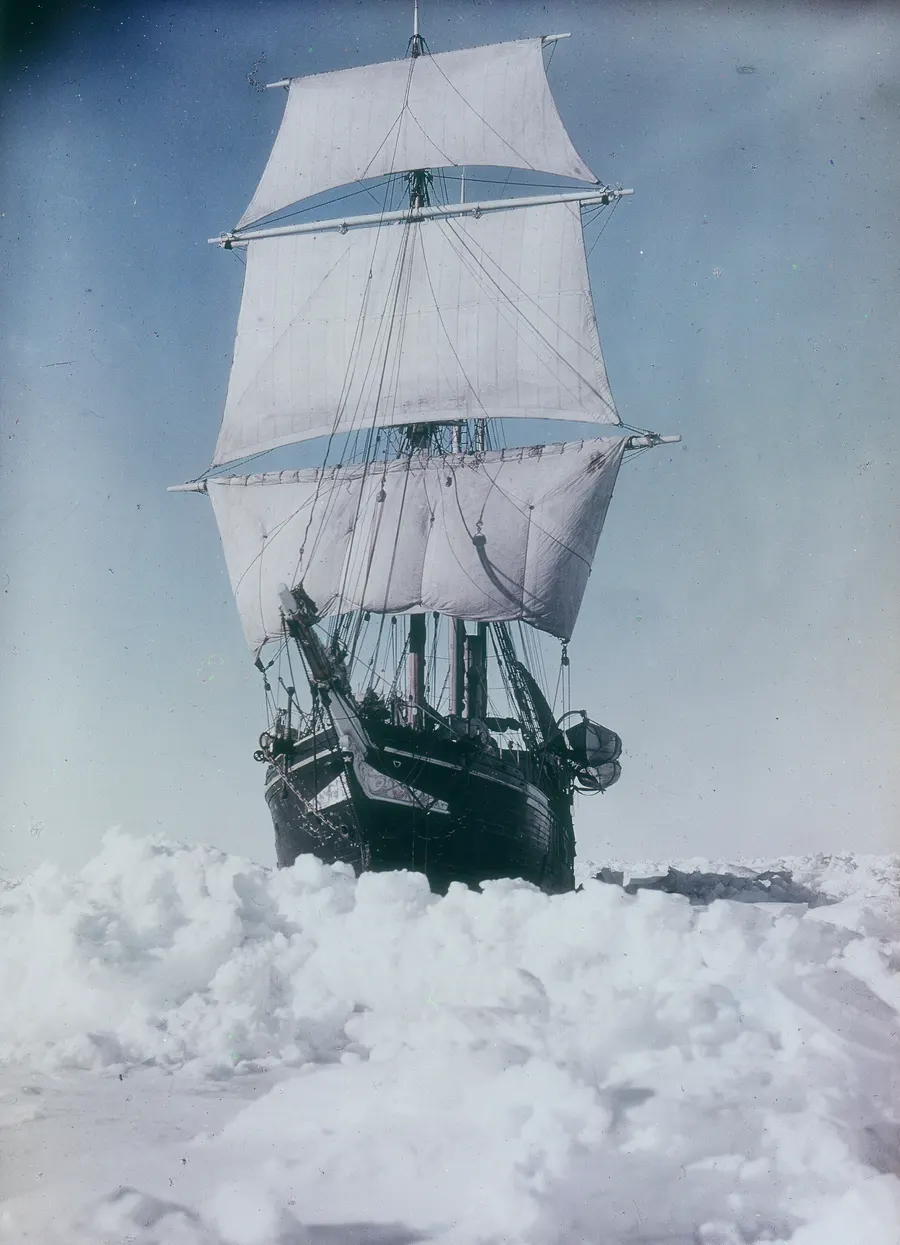 Endurance under sail, trying to break through the pack ice of the Weddell Sea in 1915. Photograph by Frank Hurley.
