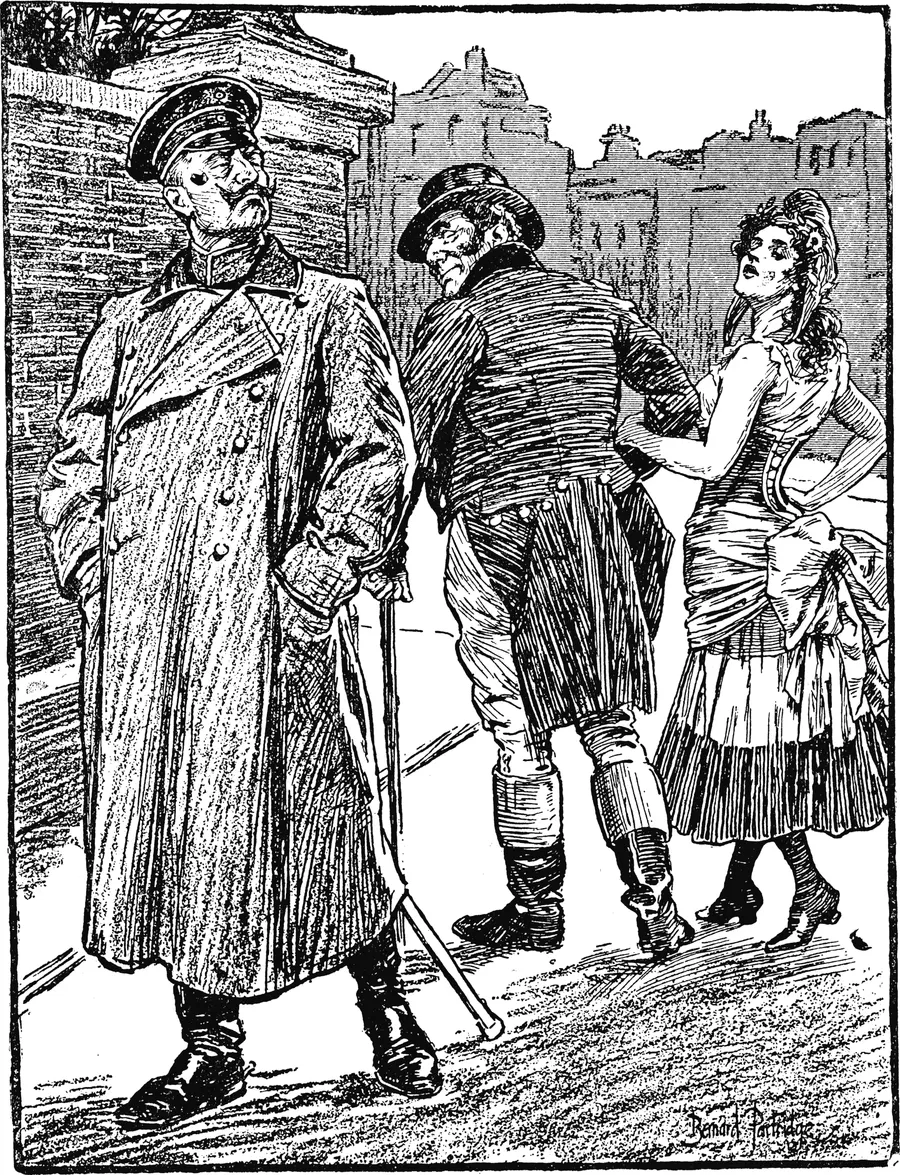 A Punch cartoon of about 1904 by Bernard Partridge: John Bull walks off arm in arm with France, while a German officer pretends not to care.