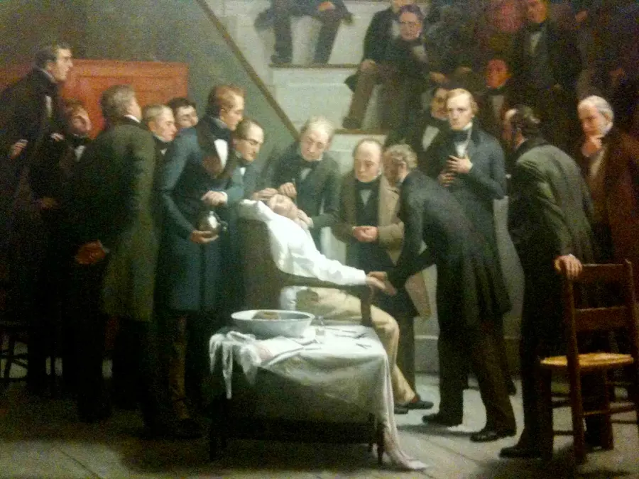 Robert Hinckley's painting of the first operation under ether at Massachusetts General Hospital.