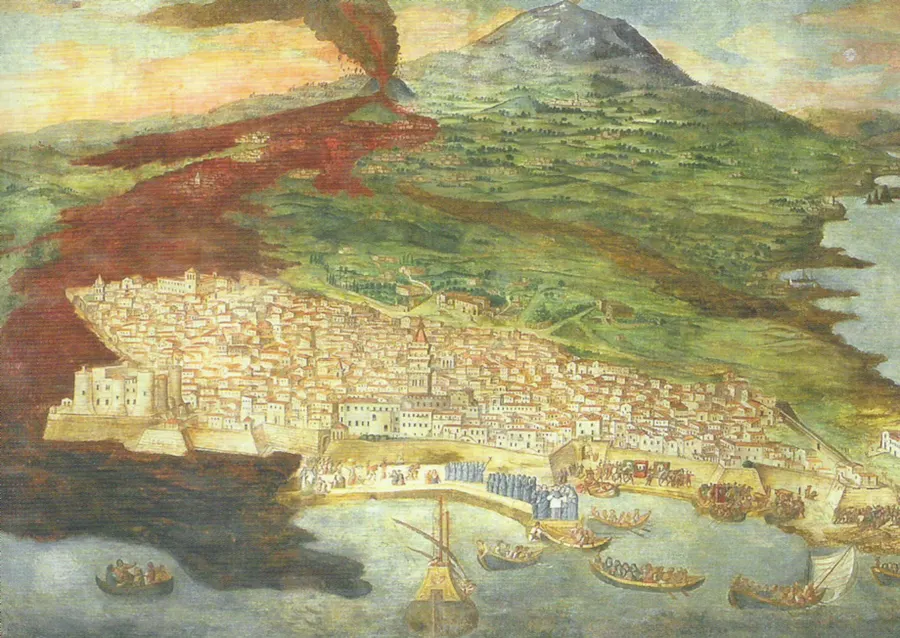 Lava reaching Catania in 1669, in a fresco by Giacinto Platania in Catania Cathedral.