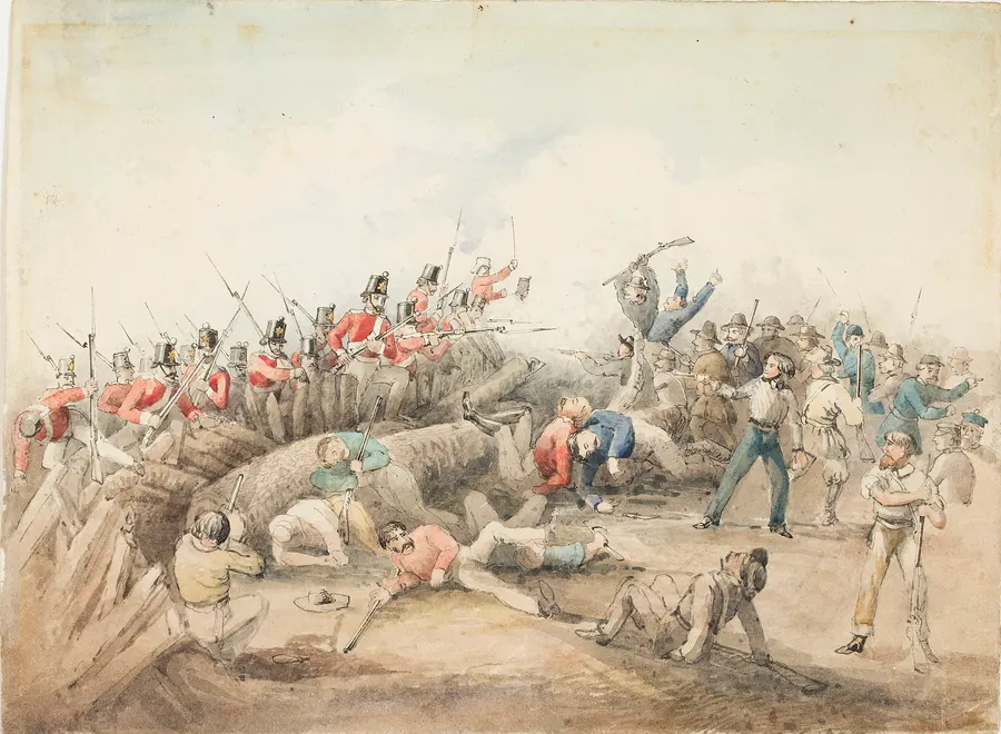 The attack on the Eureka Stockade, painted by the eyewitness John Black Henderson.