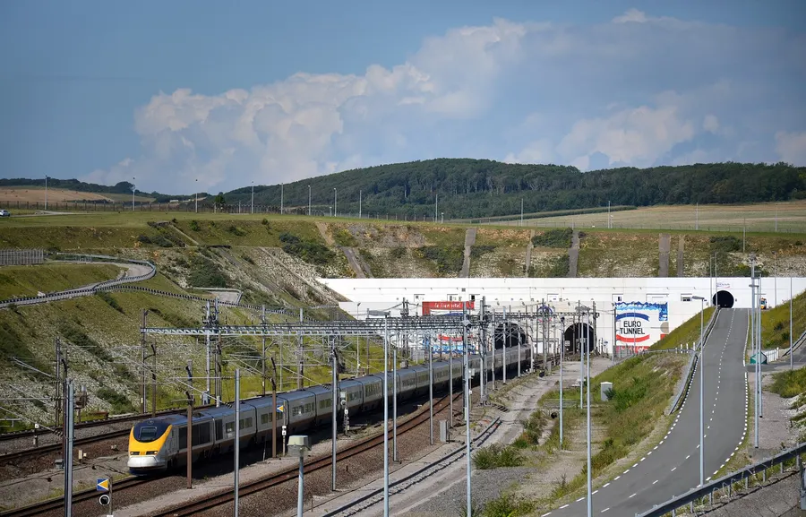 A Eurostar train leaving the Channel Tunnel at Coquelles, near Calais.