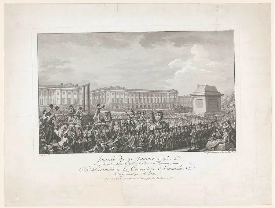 The execution of Louis XVI on the Place de la Révolution, 21 January 1793, in a French print of the 1790s (Rijksmuseum).