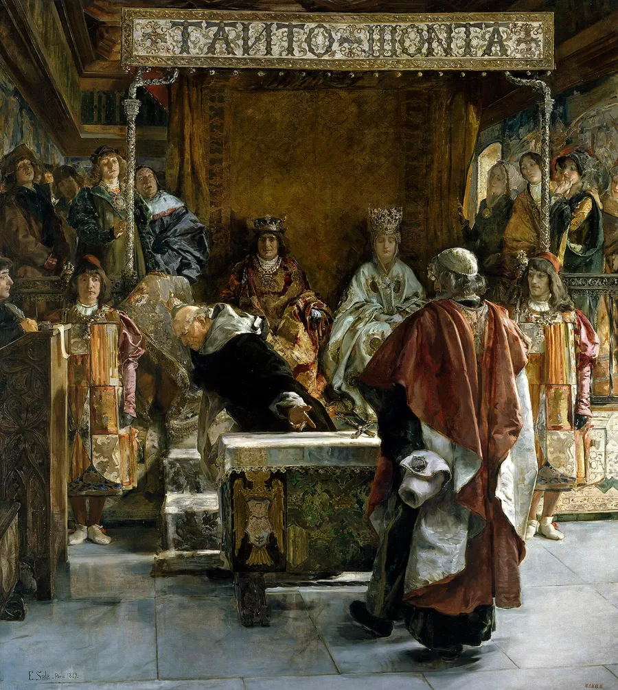 The Expulsion of the Jews from Spain, painted by Emilio Sala in 1889: the inquisitor Torquemada confronts Ferdinand and Isabella.