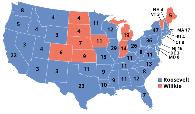 The Electoral College map of the 1940 election.