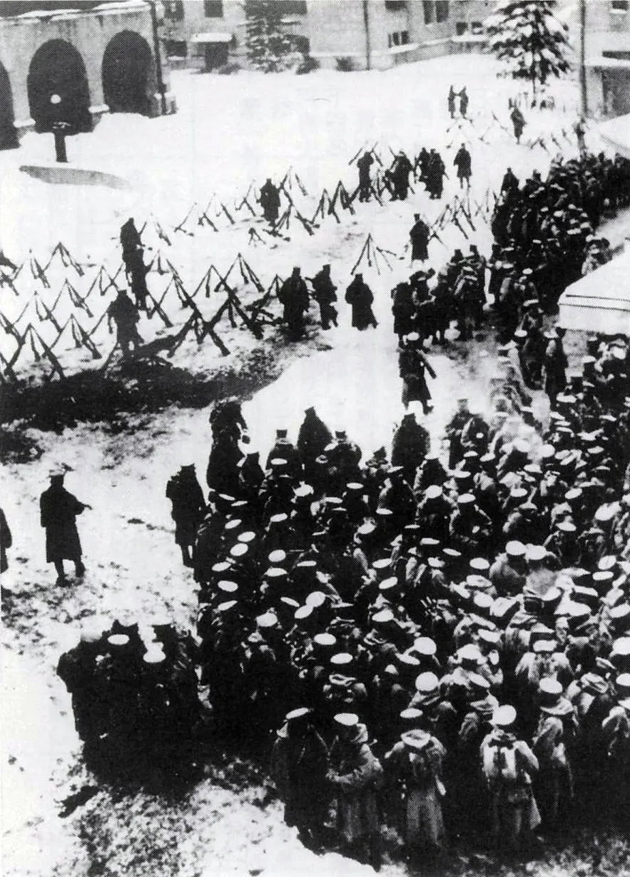 Rebel troops gathered at the Tokyo police headquarters in the snow, 26 February 1936.