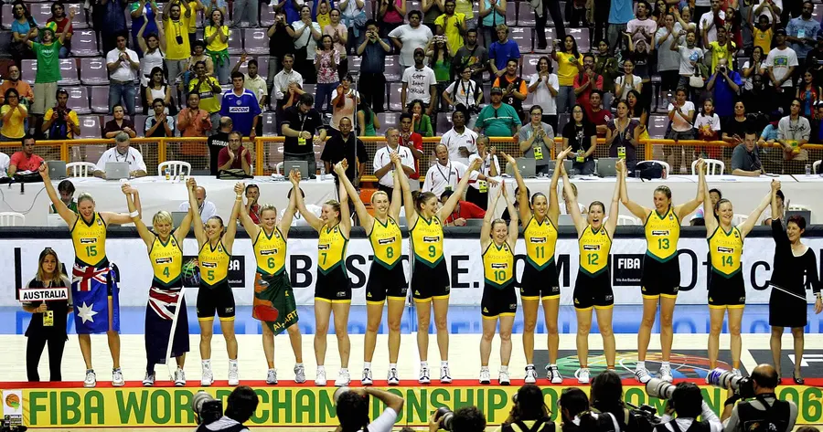 Australia's team celebrating their gold medals at the 2006 FIBA World Championship for Women.