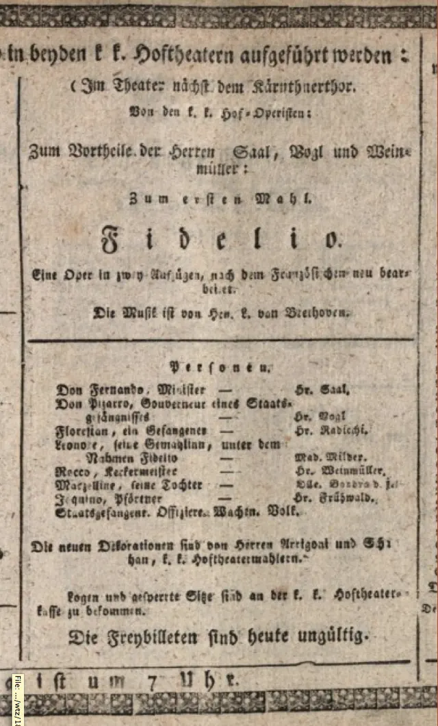 The playbill for the first performance of the final version of Fidelio, Vienna, 23 May 1814.
