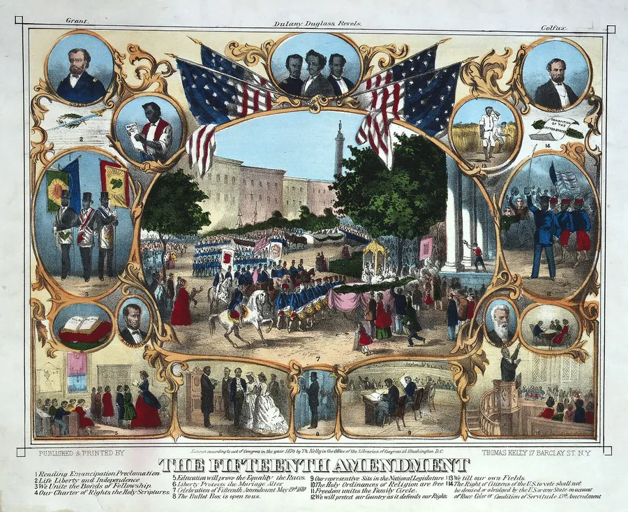 'The Fifteenth Amendment', a print of 1870 celebrating its passage, with scenes of Black American life and portraits of leaders.