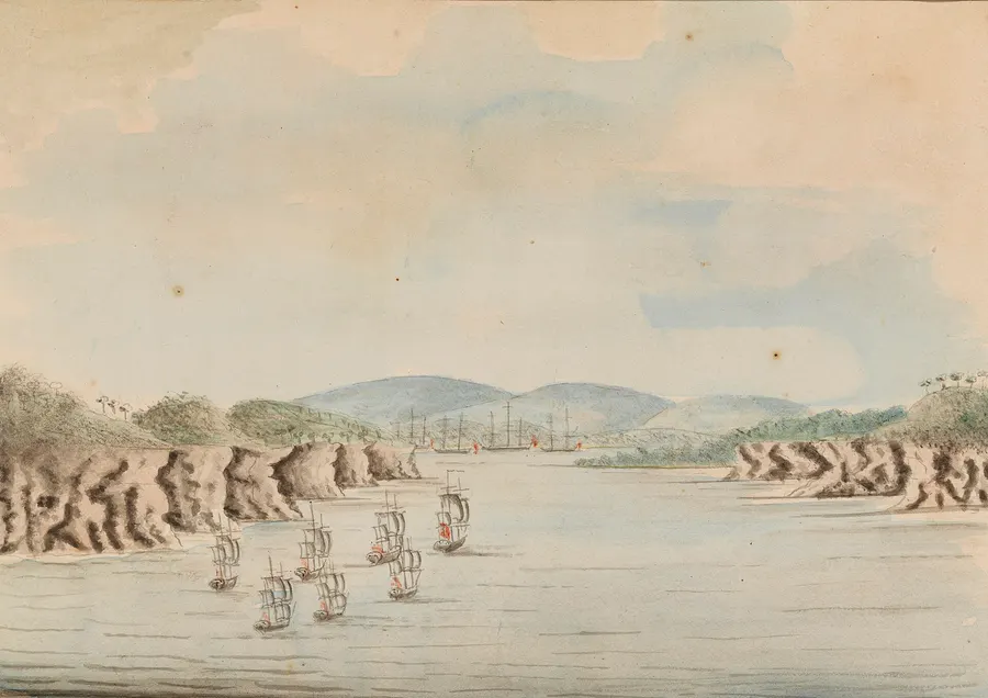 The First Fleet entering Botany Bay in January 1788, a watercolour by William Bradley, an officer of HMS Sirius.