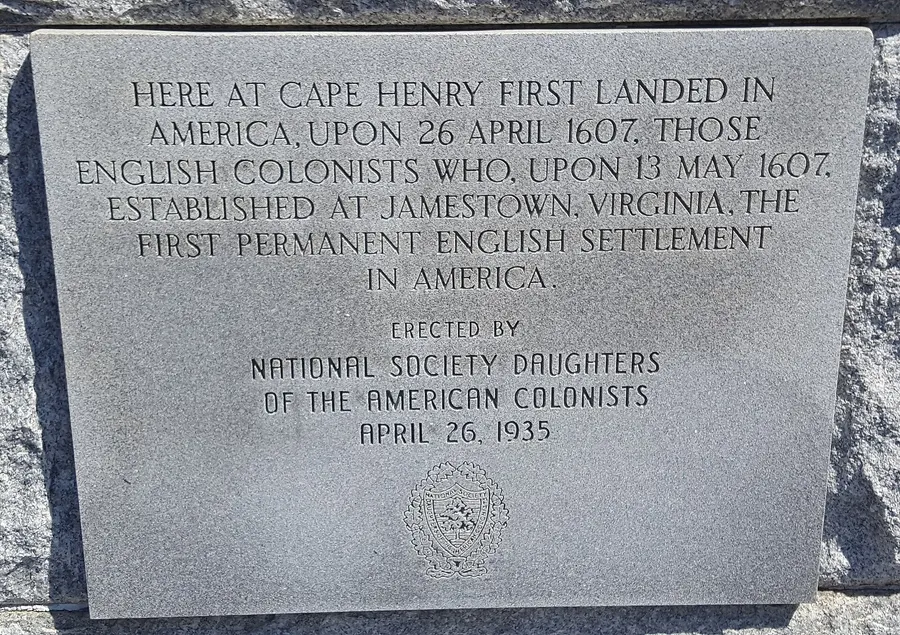 The 1935 tablet at the First Landing Cross on Cape Henry, Virginia, recording the colonists' landing of 26 April 1607.