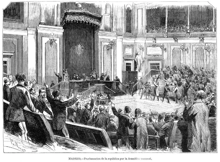 The National Assembly in Madrid proclaims the republic, an engraving after Josep Lluís Pellicer in La Ilustración Española y Americana, 1873.