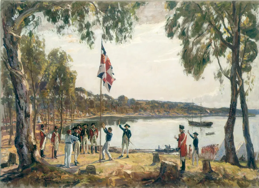 The Founding of Australia, Algernon Talmage's 1937 oil sketch of Arthur Phillip's party raising the flag at Sydney Cove (State Library of New South Wales).