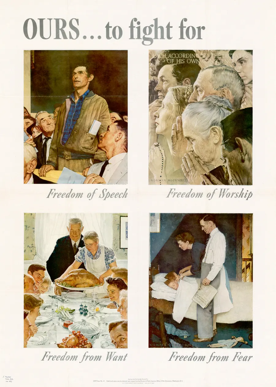 A 1943 US government poster, 'Ours to fight for', using Norman Rockwell's paintings of the Four Freedoms.