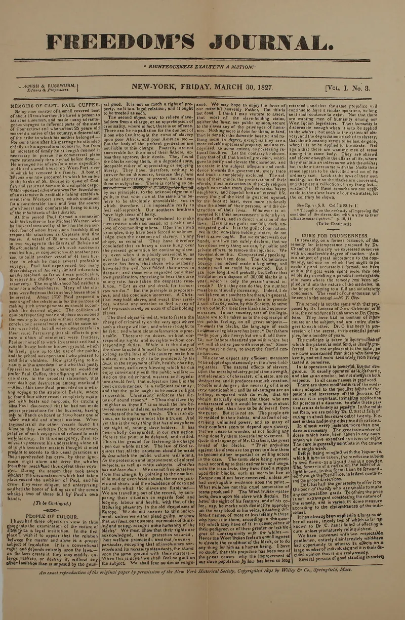 The front page of Freedom's Journal, 30 March 1827, its third issue.