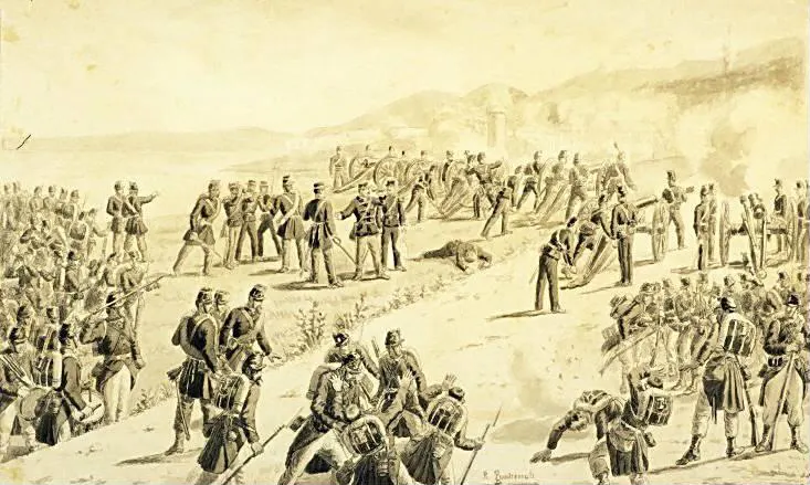 General Manfredo Fanti with Piedmontese troops at Mola di Gaeta, a drawing by Raffaele Pontremoli, about 1880.