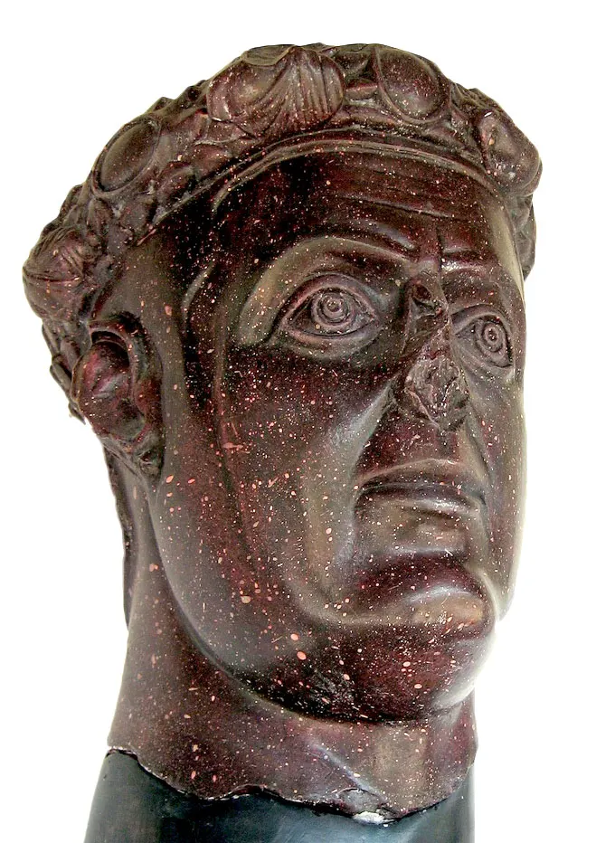 A porphyry portrait head of Emperor Galerius from his palace at Romuliana (Gamzigrad), in present-day Serbia.