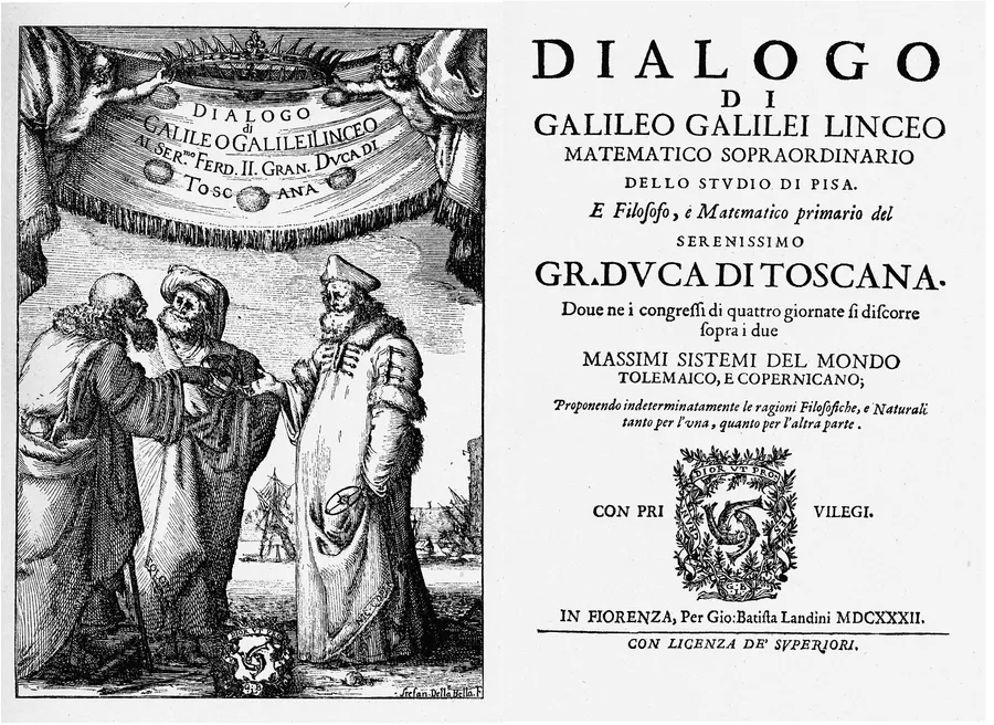 The title page and frontispiece of Galileo's Dialogue, printed by Giovanni Battista Landini in Florence, 1632.