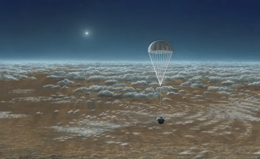 An artist's impression by Don Davis for NASA of the Galileo probe descending through Jupiter's atmosphere.