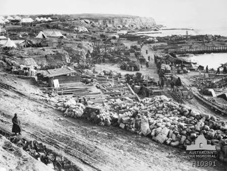 British troops preparing to leave W Beach at Helles, Gallipoli, in January 1916.