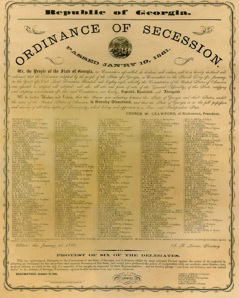 A printed copy of Georgia's ordinance of secession, 'passed Jan'ry 19, 1861', with the names of the signers.