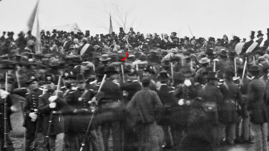 A crowd of citizens and soldiers with Lincoln at Gettysburg, from the Mathew Brady collection.