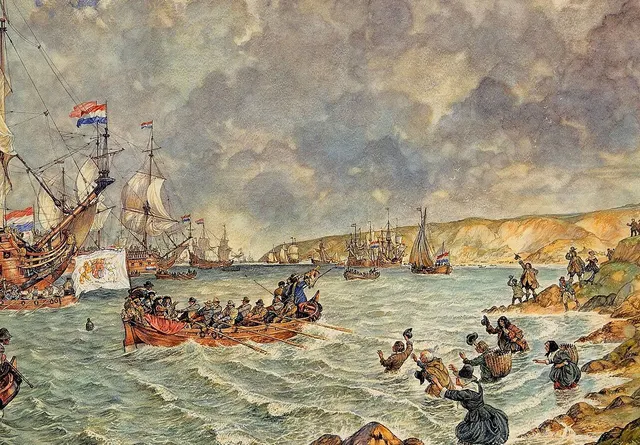 William of Orange and his army land at Brixham, in a later painting by Johan Herman Isings.