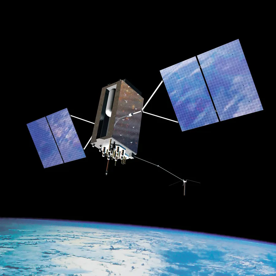 An artist's impression of a later GPS satellite (Block IIIA) in orbit above the Earth.