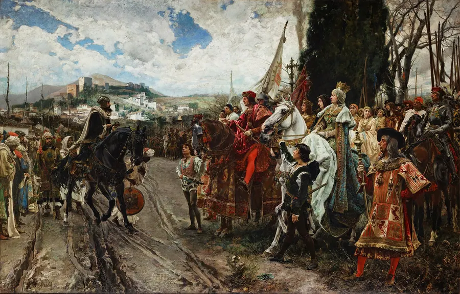 The Surrender of Granada, painted by Francisco Pradilla in 1882: Muhammad XII hands over the city to Ferdinand and Isabella.