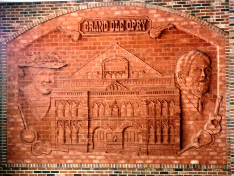 A brick relief marking the Grand Ole Opry in Nashville, photographed in 2003.