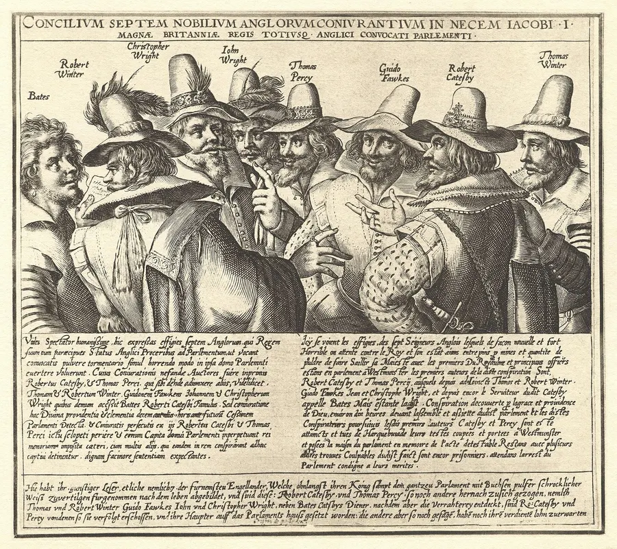 Eight of the Gunpowder Plot conspirators, Guy Fawkes among them, in an engraving of 1605.