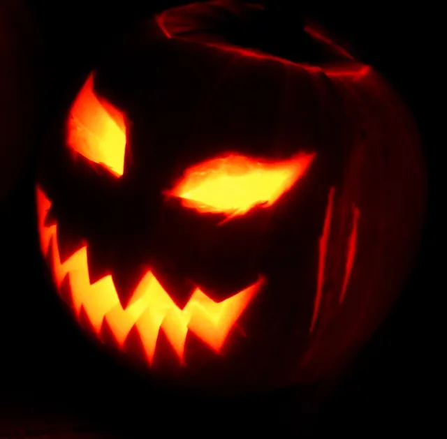 A carved jack-o'-lantern made for a Halloween celebration in 2003.