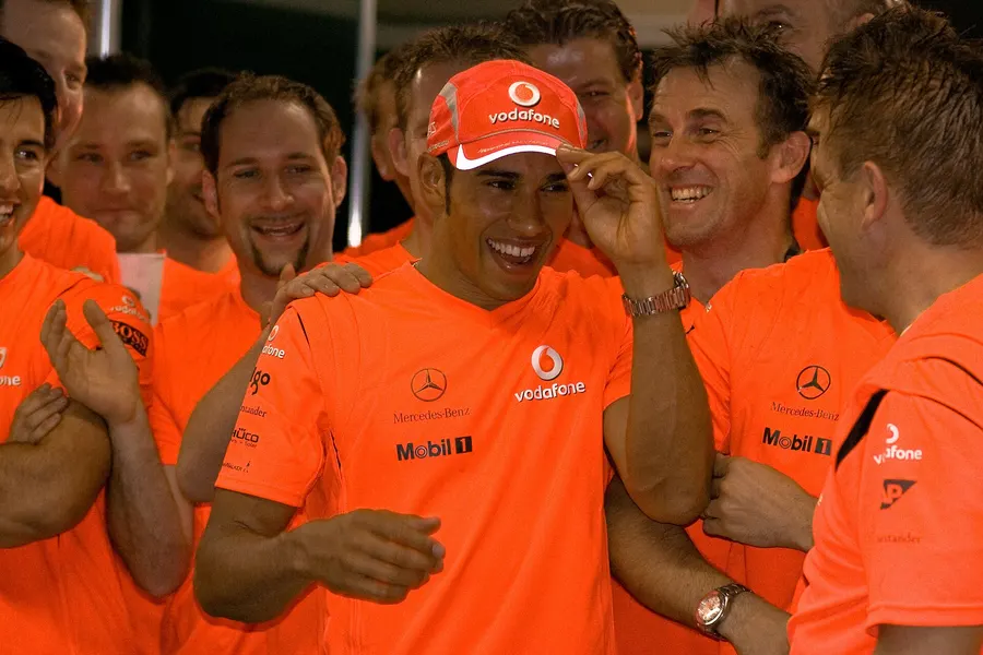 Lewis Hamilton celebrates his world title at the Brazilian Grand Prix, 2 November 2008.