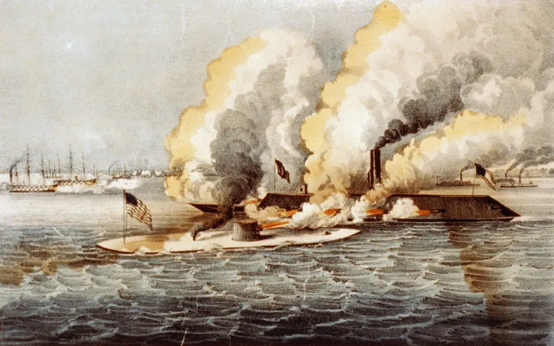 The Monitor and the Merrimac (CSS Virginia) at Hampton Roads, in a Currier & Ives print of 1862.