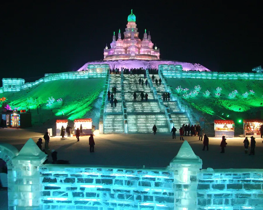 Illuminated ice buildings at Harbin Ice and Snow World in 2010.