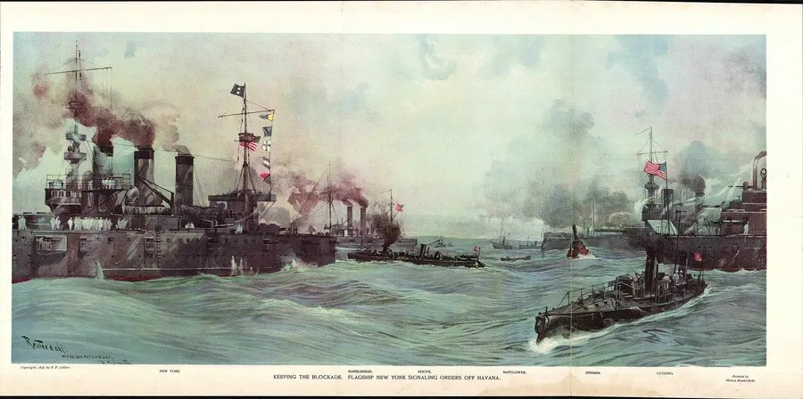 Keeping the Blockade: the flagship New York signalling orders off Havana, by Henry Reuterdahl.