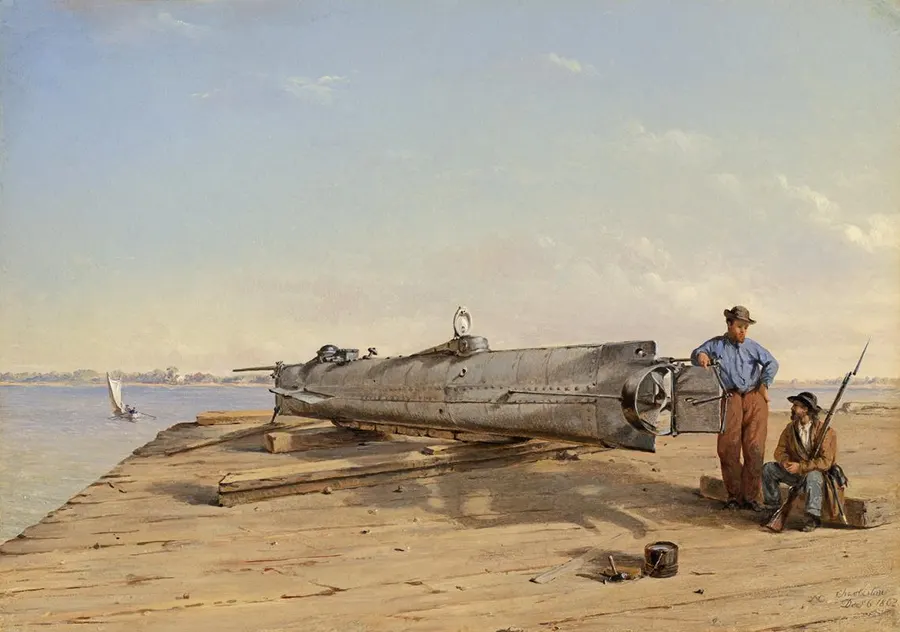 The submarine H. L. Hunley on a wharf at Charleston, painted by Conrad Wise Chapman in December 1863.