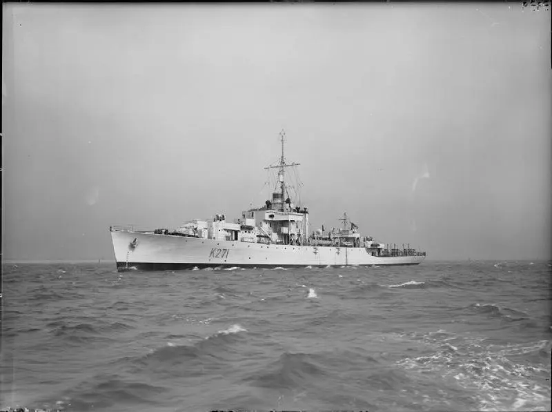 The frigate HMS Plym in 1943. The bomb was detonated inside her hull.