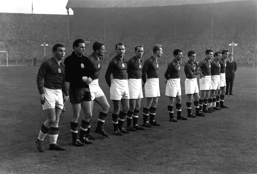 The Hungarian team lines up at Wembley before the match, 25 November 1953.