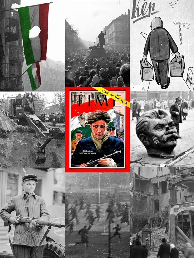Scenes from the Hungarian revolution of 1956: the flag with the Communist emblem cut out, and a speaker on an abandoned Soviet tank.