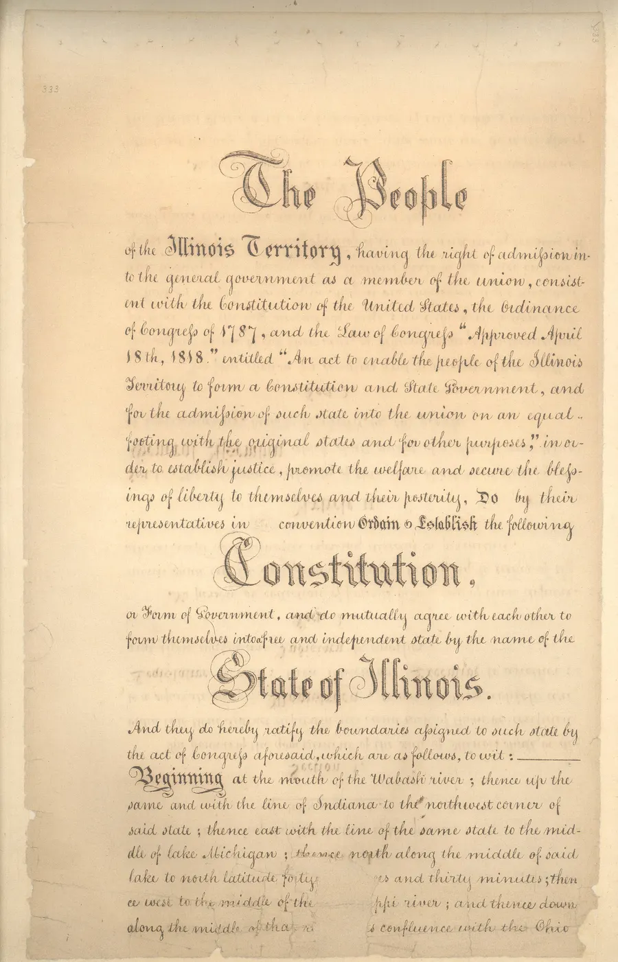 The first page of the manuscript of Illinois's 1818 constitution.